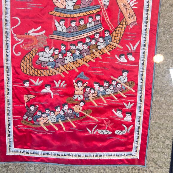 Vintage Chinese Silk Tapestry Embroidered Boats Kids Professionally Matted Frame - Picture 2 of 16